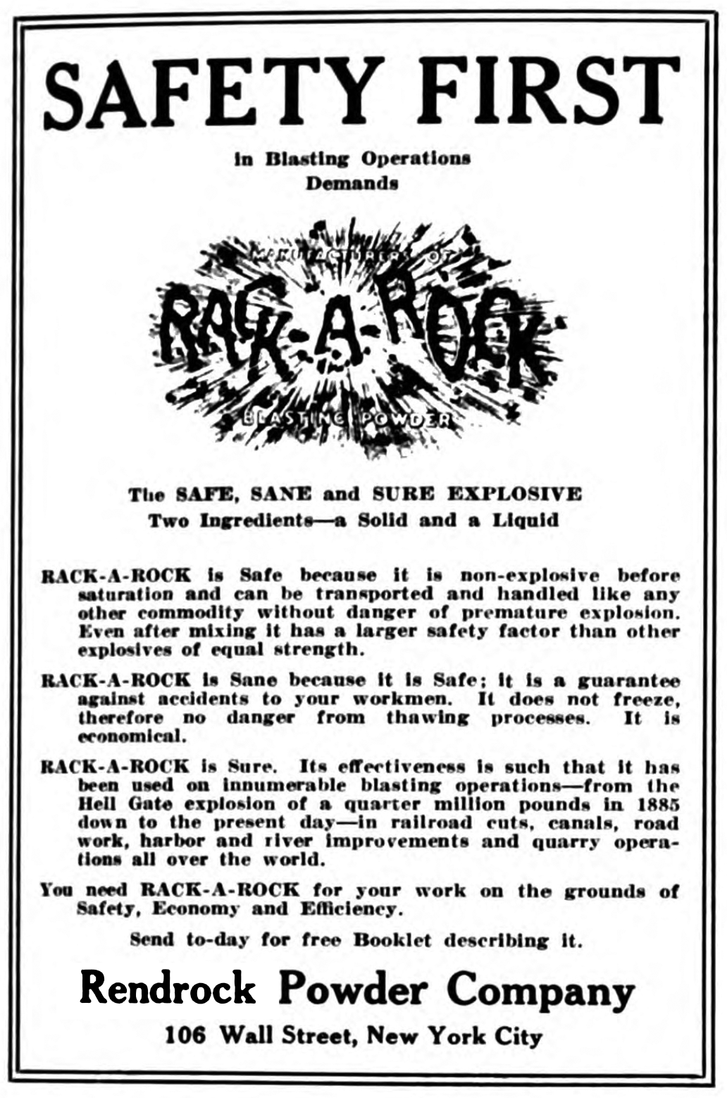 Image of an advertisement for Rack-A-Rock blasting powder
